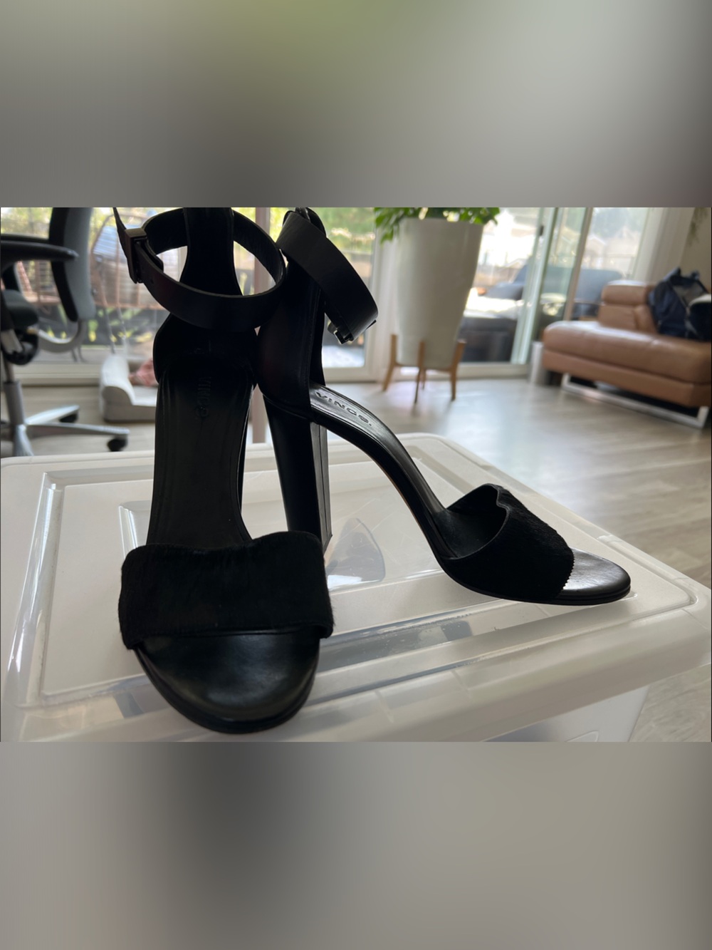 Vince Black Fur-Trim Ankle-Strap High Heels